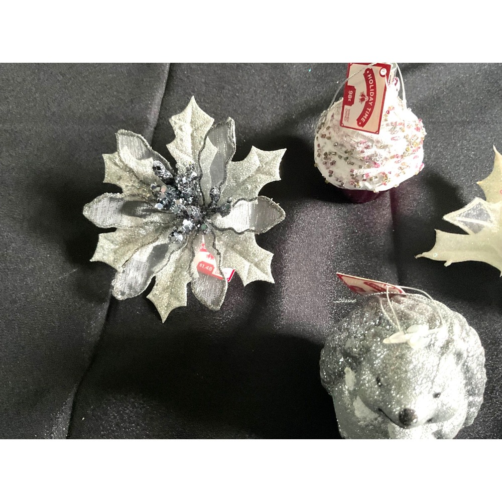 Lot4 Silver Glitter Ornaments Christmas Holiday Poinsettia, Holly, Hedgehog,cake - Picture 4 of 8